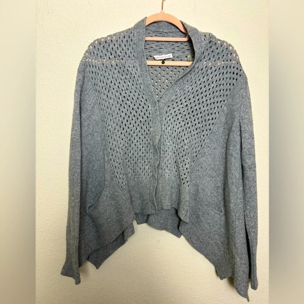Rebecca Taylor Gray Lambswool/Cashmere Blend Crochet Asymmetrical Hem Cardigan S